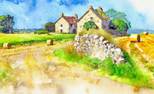 English Countryside Landscape With Old Traditional Farmhouse, Dry Stone Wall And Hay Bales In The Fields. Generative AI Watercolor Painting Illustration.