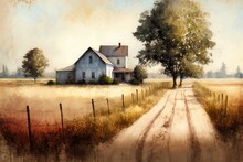 Vintage Impressionist Old Farm House In A Field In The Morning. Oil Painting Of Summer Road And Fence Leading To A Homestad.