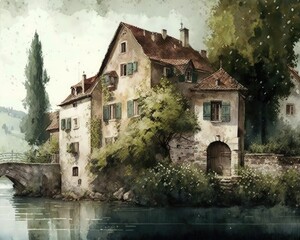 Wall Mural - Old rustic quaint European village town on a river with a bridge. Vintage, abstract, impressionist oil painting. 