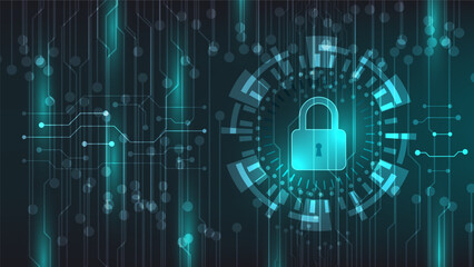 digital padlock with virtual screen on dark background. cyber security technology for fraud prevention and privacy data network protection concept