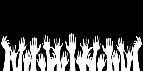 Multiethnic people community integration concept with raised human hands. with black background