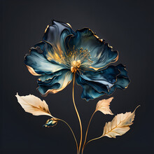Blue White Gold Flower Closeup, Navy Background, Modern Floral Painting Art Illustration 