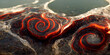 Sedate realistic marco detailed black and red alcohol ink ripples pattern in agate design. Closeup turbulence oil design on marble with glossy golden wave highlight. Generative AI