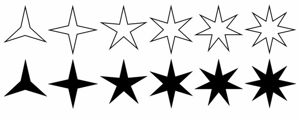 outline silhouette stars icon set isolated on white background.stars icon with different pointed thr