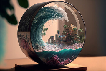 Wall Mural - Illustration of a tsunami disaster inside a globe - Generative AI