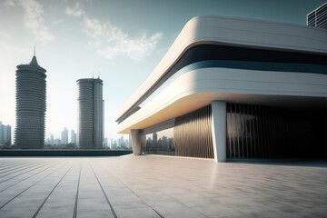 Modern architecture building design with empty concrete floor and urban city skyline in background showing copy space on the clear balcony. Peculiar AI generative image.