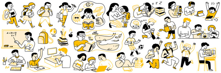 cute character doodle illustration of back to school concept and education. various student, teacher