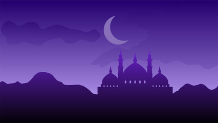 Wall Mural - silhouette landscape of mosque with shiny purple sky for ramadan design graphic in muslim culture an