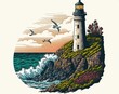 lighthouse on the island on a cliff overlooking the ocean made with generative ai, vector style, flat, illustration, cartoon, line