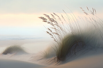  Minimalism, Sand Dune, Beach Grass, Foggy Shoreline, Soft Muted Waves, Sunrise. Generative AI