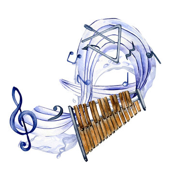 musical symbols and xylophone watercolor illustration on white. triangle percussion musical instrume