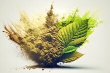 Generative AI Powder Flavored Explosion White Background With Kratom Leafs Mockup For Matcha Tea.