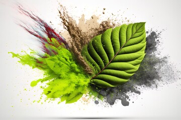 Wall Mural - Generative AI powder flavored explosion white background with kratom leafs mockup for matcha tea.