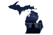 Outline of the state of Michigan with a boy sitting on a dock stargazing at night. 