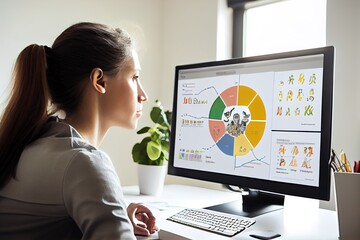 Generative AI businessman and woman sitting in front of a computer screen, staring intently at their website's analytic dashboard, Show the website as a vibrant, media platforms, advertising channels.