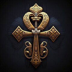 Ancient golden ankh symbol isolated on dark background. Illustration of an Egyptian cross in digital form. Generative AI The ancient Egyptians used the Ankh as a symbol for eternal life.