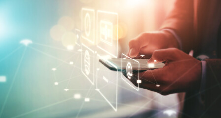 Aufkleber - Hologram, communication and hands of businessman with a phone for notification icon, internet and search. Website, digital marketing and person with mobile or cyber interface with menu and web system