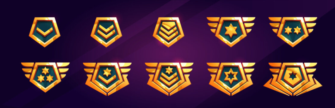 Cartoon set of game rank badge isolated on background. Vector illustration of shiny golden pentagonal medals decorated with stars and wings. Symbol of achievement, award for victory, trophy emblem