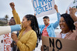 Protest, climate change and megaphone with black woman at the beach for environment, earth day and action. Global warming, community and pollution with activist for social justice, support or freedom