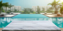 Empty Poolside Surface With Summer Travel Hotel Swimming Pool Background. Generative Ai