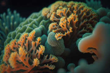 close-up of orange & green hued coral created by generative AI