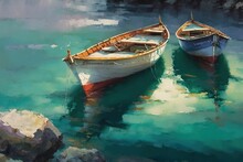 Oil Painting Of Colourful Boats. Modern Art Created By Generative AI.