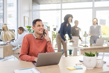 Aufkleber - Man, phone call and laptop in office thinking of idea, coworking space and communication. Happy entrepreneur person at advertising agency talking to contact for proposal deal or networking at desk