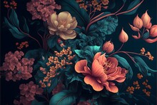 Dark Floral Background Wallpaper Design With Multicolor Flowers And Leaves