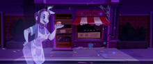 Scary Ghost Near Abandoned Coffee Shop Cartoon Game Background. Spooky Broken City Bakery Exterior With Awning. Vector Front View On Vintage Cafe On Messy Street. Dirty Shopfront Near Sidewalk.