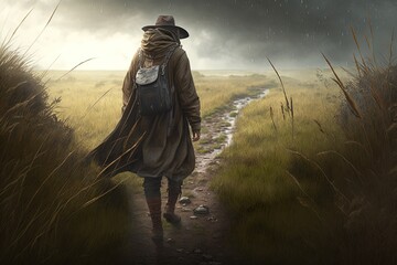 Poster - An adventurer walking down a path. Generative AI.