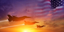 Group Of Aircraft Fighter Jet Airplane. USA Flag. Air Force Day. 3d Illustration