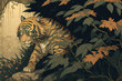 Asian tiger traditional japanese painting illustration with flower, trees and leaves in jungle, ai. 