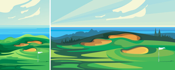 Wall Mural - Green golf course. Outdoor sport location in different formats.