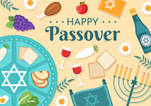Happy Passover Illustration With Wine, Matzah And Pesach Jewish Holiday For Web Banner Or Landing Page In Flat Cartoon Hand Drawn Templates