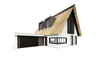 Exterior Of A Modern House With Thatched Roof, Reed Roof. 3D Render.