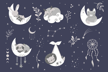 Wall Mural - Cute collection of sleeping animals. Cute hare, panda, deer, fox, lion sleeping. A newborn lion cub in a diaper. Dreamcatcher 