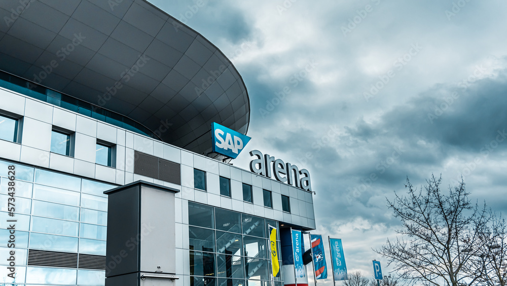 Mannheim, Germany - February 19, 2023: Building and Logo of SAP Arena, multi-purpose arena for sport events and concerts