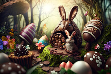 Easter Bunny With Chocolate Eggs And Candy In The Forest, Generative AI