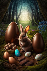 Canvas Print - easter bunny picnic with chocolate eggs in the forest, Generative AI