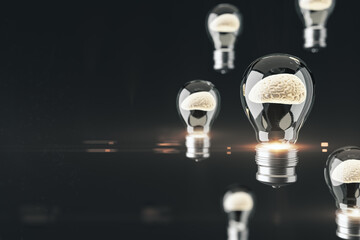 Wall Mural - Abstract glass lamps with brain inside on black background with mock up place. Inventor concept. 3D Rendering.