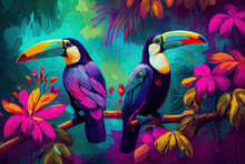 Toucans On Colorful Background With Plants Created With AI 