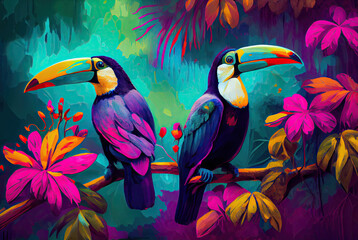 Toucans on colorful background with plants created with AI 