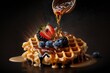 illustration, honey is poured over delicious belgian waffles, ai generative