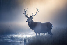 Deer In Misty Morning Forest Near Water Created With AI