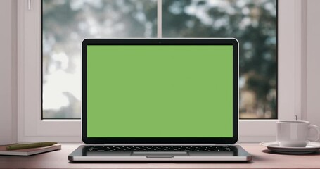 Poster - 4k Resolution Video: Modern Laptop Mockup with Blank Green Screen Smooth Zoom in Home or Office Interior with Alpha Matte