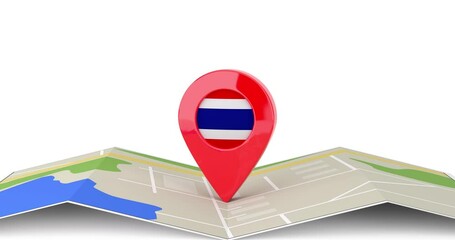 Leinwandbilder - 4k Resolution Video: Thailand Travel Concept. Cartoon Target Map Pointer Pin with Thailand Flag Rotating over Folded Abstract Navigation Map on a white background with Alpha Matte