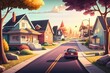 © Jorge Ferreiro - cartoon illustration, suburban street with houses, roads and house garage, ai generative