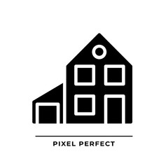 Sticker - Simple house with garage black glyph icon. Two story family home. Real estate purchase. Detached building. Silhouette symbol on white space. Solid pictogram. Vector isolated illustration