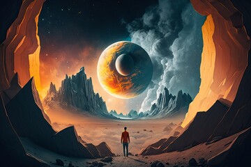 desertic landscape with aligned moons in the sky, person alone in the desert contempling it, meditation and evasion exploration illustration for deep states of mind.