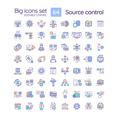 Wall Mural - Source control RGB color icons set. Software development technology. Files changing tracking. SCM system. Isolated vector illustrations. Simple filled line drawings collection. Editable stroke